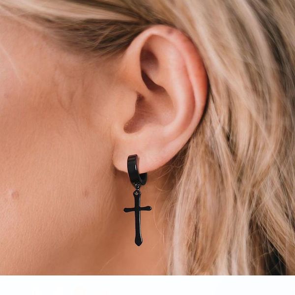 

серьги черное золото серебро цвет серег для женщин мужчины панк малый круг с крестом из нержавеющей стали huggie серьги унисекс подарков, Golden;silver