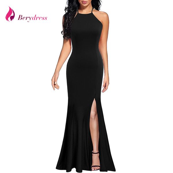 

berydress elegant women halter neck evening party black vestido sleeveless burgundy bodycon maxi split mermaid dresses 2019, Black;gray