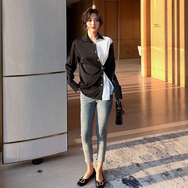 

women's shirt 2020 summer new chiffon shirt female loose black and white stitching contrast color long-sleeved top