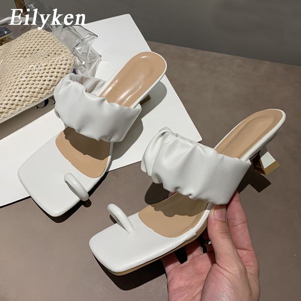 

eilyken fashion pleated pu leather summer mules slippers clip toe narrow band femme square toe low heel sandals flip flops women, Black