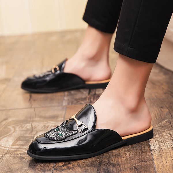 

2019 new half slippers men good quality pu leather men shoes half drag flats shoes comfortable young boy casual, Black