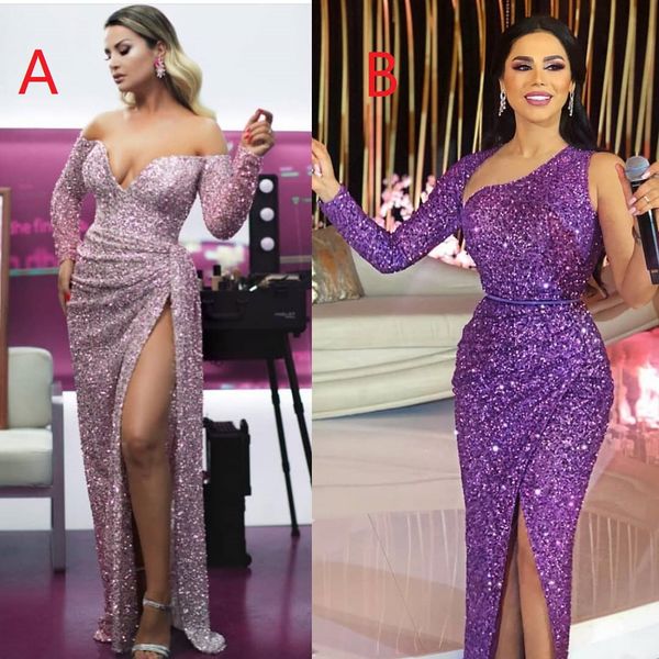 

2019 Purple Mermaid Evening Dresses One Shoulder Sequined African Black Girls Prom Dress Sparkling Evening Gowns Robe De Soiree Abendkleider