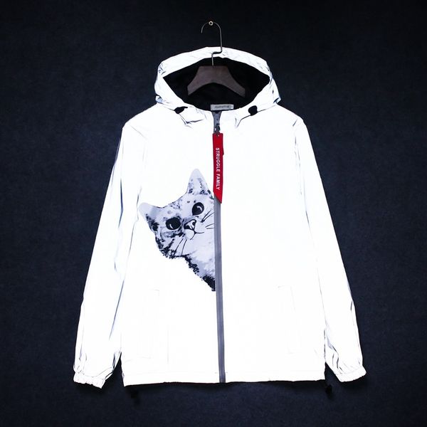 

reflective jacket men women spring autumn cat windbreaker japanese streetwear hip hop casual harajuku jacket jaqueta, Tan;black