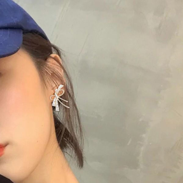 

sweet women earrings set exquisite bowknot hollow crystal gold stud earring fashion valentine's day jewelry accessories, Golden;silver