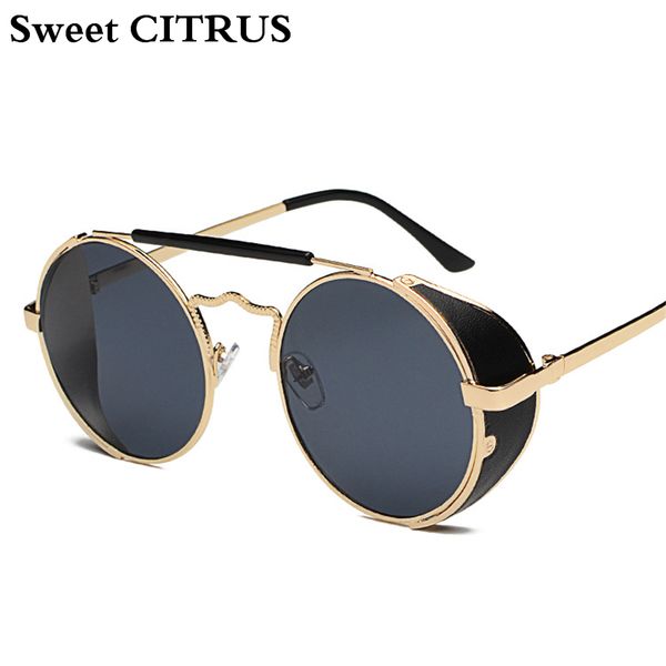 

sweet citrus steampunk sunglasses men women round alloy goggles side visor reflective glasses vintage retro punk oculos, White;black