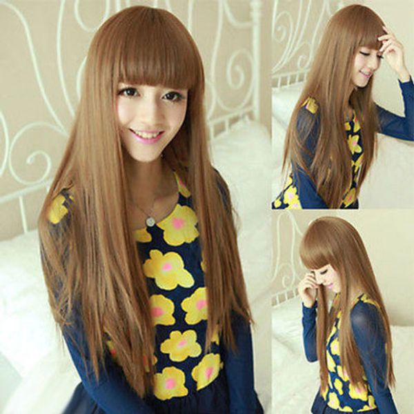 

fashion long light brown straight neat bang women lady party hair wig wigs, Black