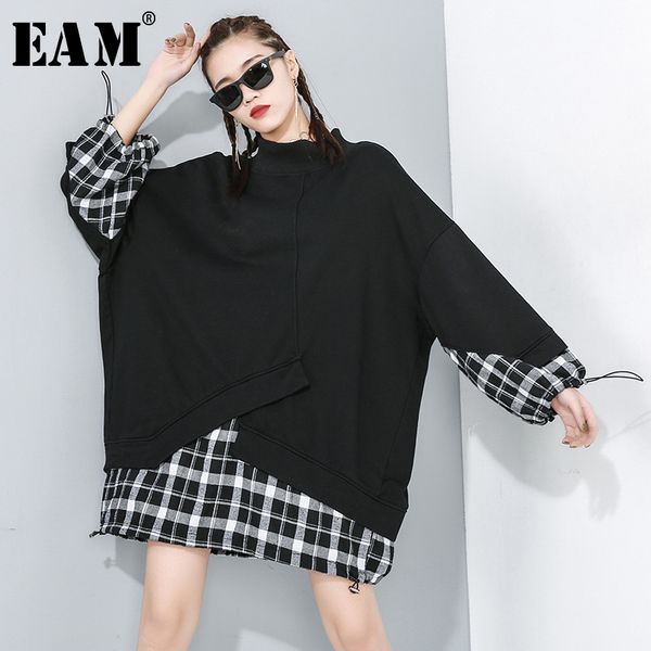 

eam] loose fit black plaid split joint oversized sweatshirt new round neck long sleeve women big size fashion spring 2020 1r175