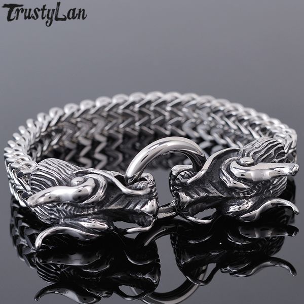

hiphop rocker man bracelet men stainless steel dragon head mens bracelets & bangles wrist hand chain friendship jewellery gifts, Golden;silver