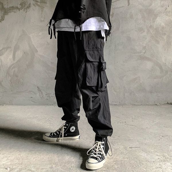 

мода хип-хоп мульти-карман эластичный пояс дизайн шаровары брюки мужчины уличная одежда брюки повседневные брюки бегун мужской черный брюки, Black