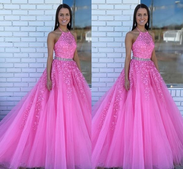 

romantic pink halter lace beaded prom evening party dresses long a line tulle backless cocktail pageant formal gowns designer, Black