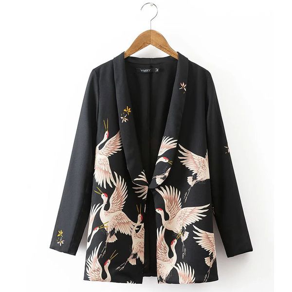 

x191 spring autumn fashio women brief black color crane print long sleeve blazer with belt ladies elegant blazers streetwear, White;black