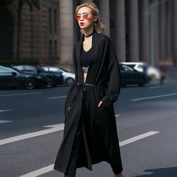 

deat] 2019 new spring summer lapel long sleeve brief temperament loose big size windbreaker women trench fashion tide jx9500, Tan;black