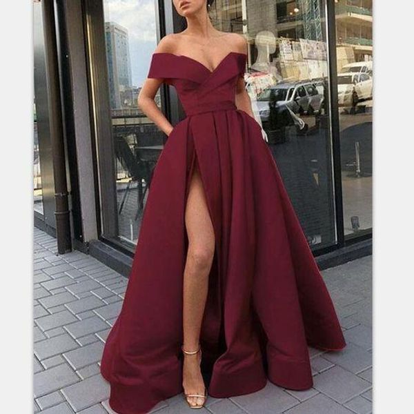 

off плеча бургундии выпускные платья 2019 hote продажа sexy split side вечерние платья сшитое, Black