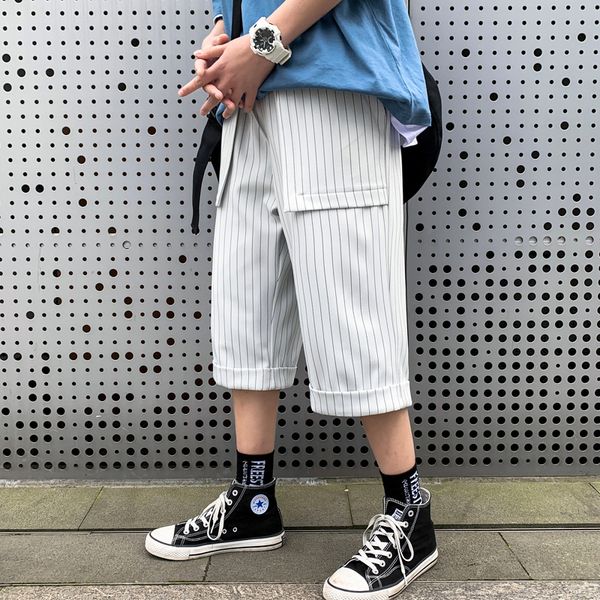 

summer striped casual pants men's fashion business casual striped pants men streetwear wild loose straight cropped mens, Black