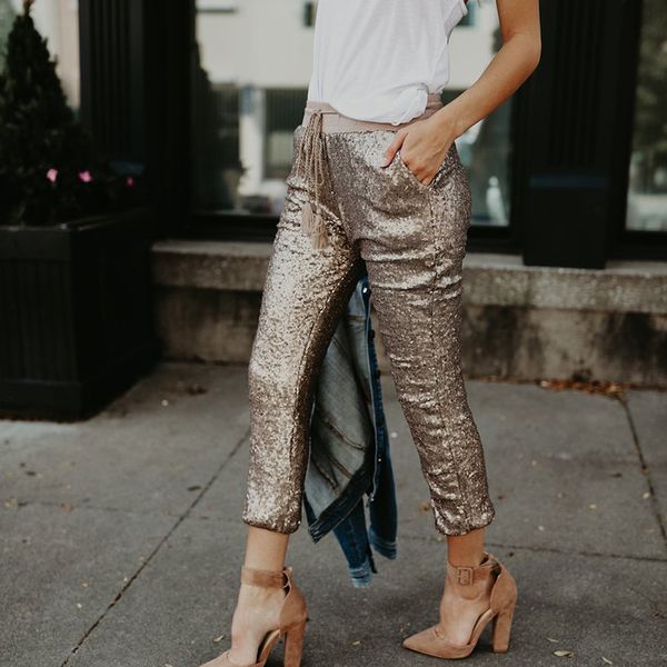 

new fashion blingbling ladies lace shiny golden sequins trousers casual fit women cropped pants for summer, Black;white