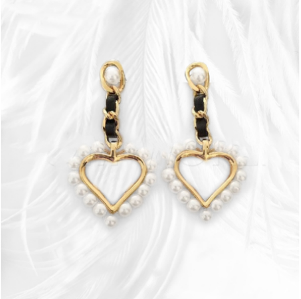 

cute heart-shaped pearl dangle earring jewelry fashion classic girl black leather chain earring beautiful gift, Golden;silver