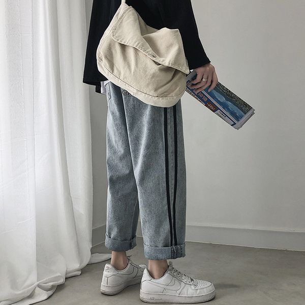 

men's striped jeans 2019 summer new straight loose nine-point striped denim pants youth personality hip hop trousers men jeans, Blue