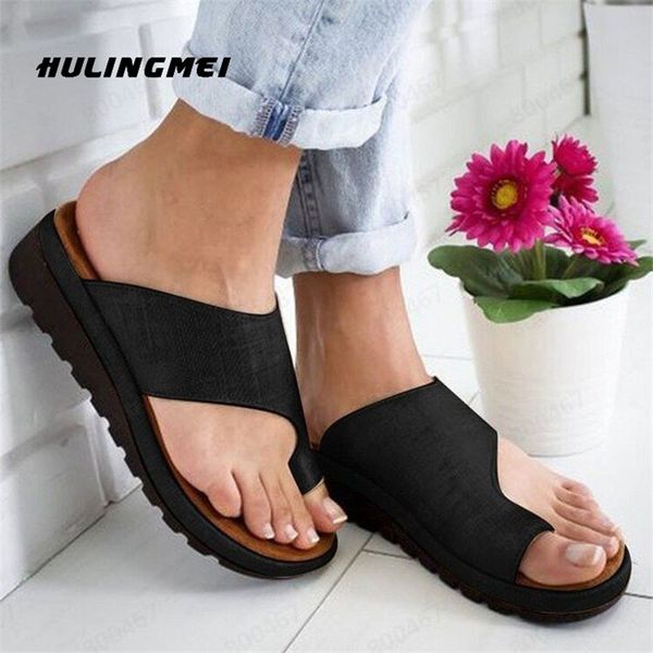 

plus size casual slippers new summer women big toe correction sandals flip flop platform wedge fashion shoes for women, Black