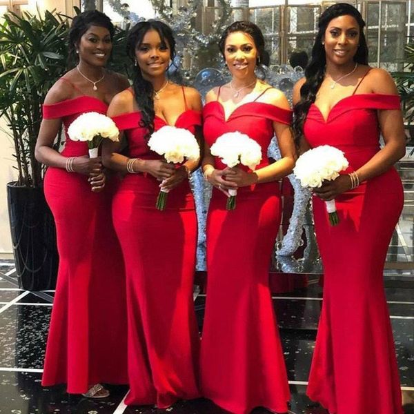 

2020 red mermaid bridesmaid dresses spaghetti off shoulder simple garden country plus size wedding guest gowns maid of honor dress cheap, White;pink