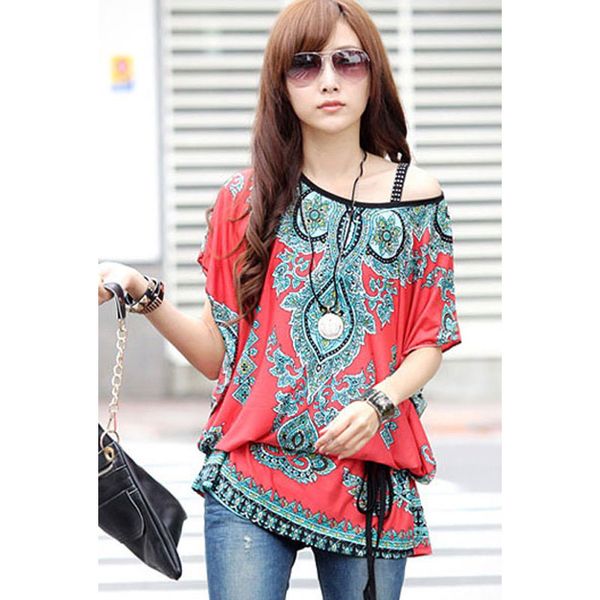 

fashion women casual floral print batwing sleeve off shoulder tunic with sashes blusas feminina size, White