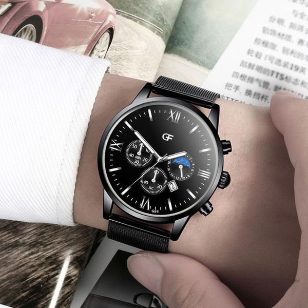 

gf quartz wristwatches for men watches brand 2020 stainless steel straps calendar round dial montre homme g84-shw, Slivery;brown