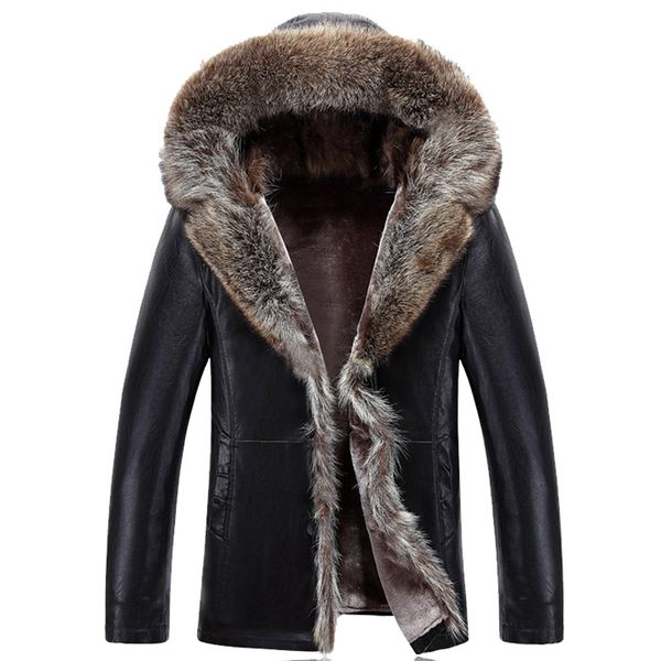 

2016 winter new men's fashion hooded jacket pu leather collar warm and comfortable soft pu leather jacket big size m-4xl 740, Black