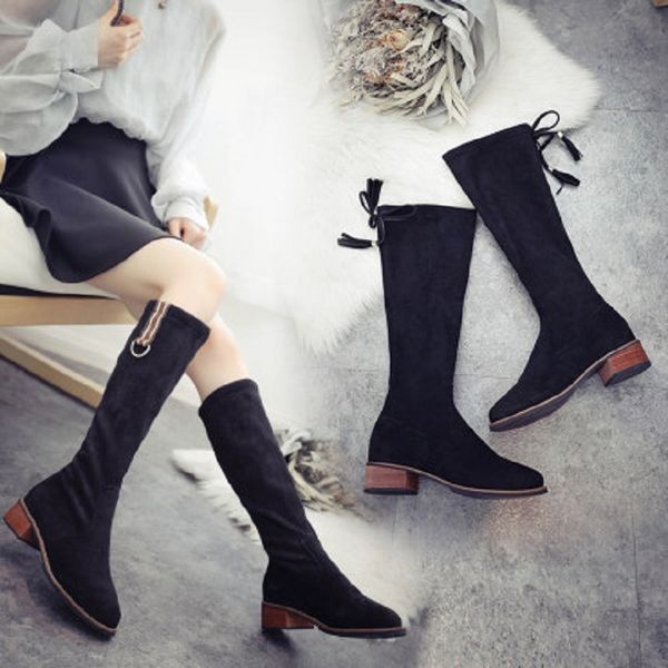 

2019 new ladies fashion boots wild comfort plus velvet middle tube bow metal buckle thick non-slip wear-resistant women's boots, Black