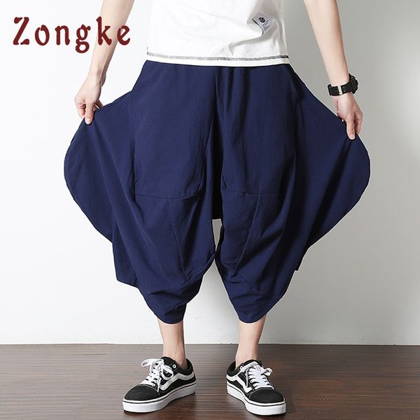 

zongke chinese style cotton linen calf-length streetwear pants men trousers men pants joggers solid wide leg 2019 new, Black