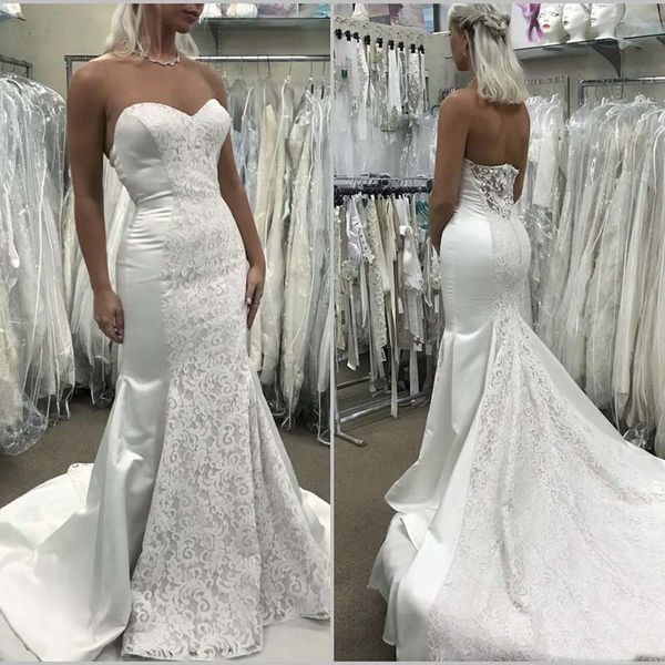 

2019 Mermaid Wedding Dresses Satin Lace Appliques Sweep Train Wedding Dresses Sweetheart Custom Made Country Bridal Gowns