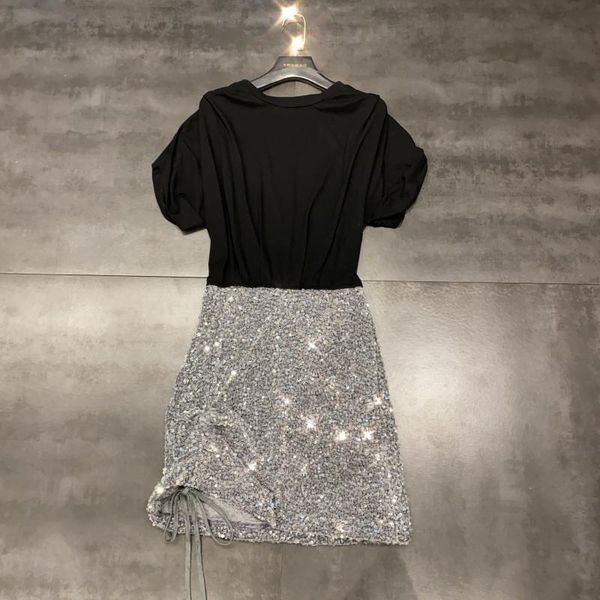 

deat 2020 new summer fashion casual o neck slim solid high waist sequins short sleeve shiny dress women sd289, Black;gray