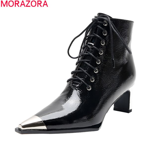 

morazora 2020 autumn winter new arrive ankle boots fashion pointed toe shoes woman boots patent leather leisure shoes, Black