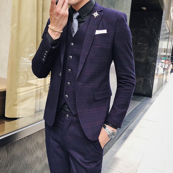 

jacket+pant+vest spring and autumn fashion casual plaid suit male korean version slim groom dress suit, White;black