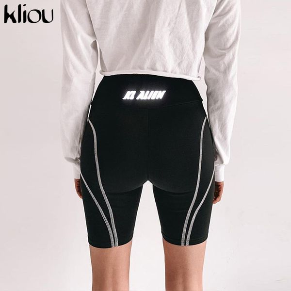 

kliou women shorts reflective letter print elastic high waist skinny bottom 2019 summer biker shorts beach vacation clothing, White;black