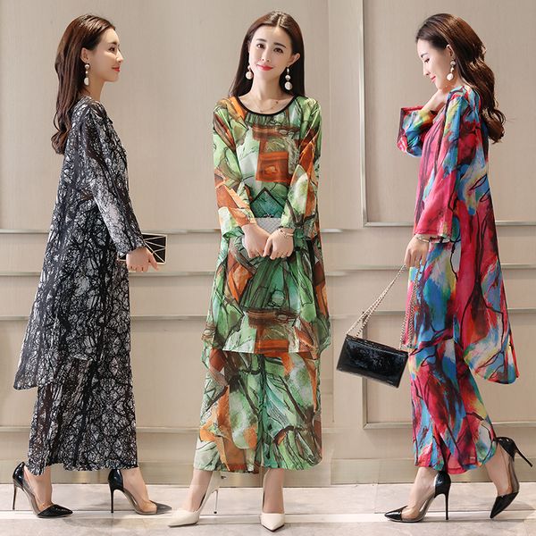 

qpfjqd autumn summer new retro literary printing nine quarter sleeve shirt + ankle-length pants large size casual women's suit, White