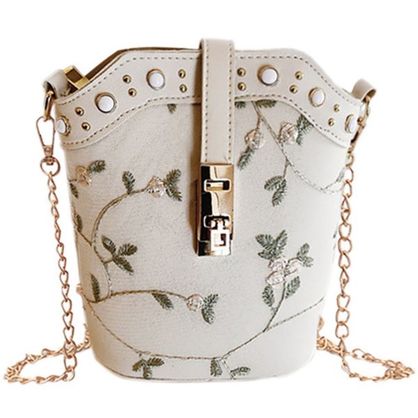 

new fashion handbags new bucket bag solid color embroidery chain wild bag shoulder messenger messenger white