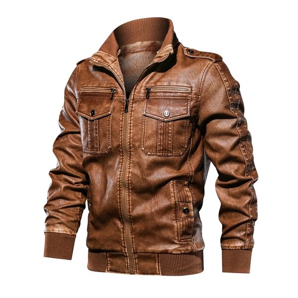 

men's solid stand collar jackets black khaki autumn winter fashion vintage zipper coats pure color imitation leather coat #t, Black;brown