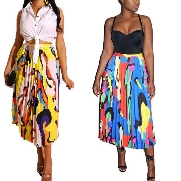 

women pleated skirt print vintage long skirt elastic waist maxi, Black