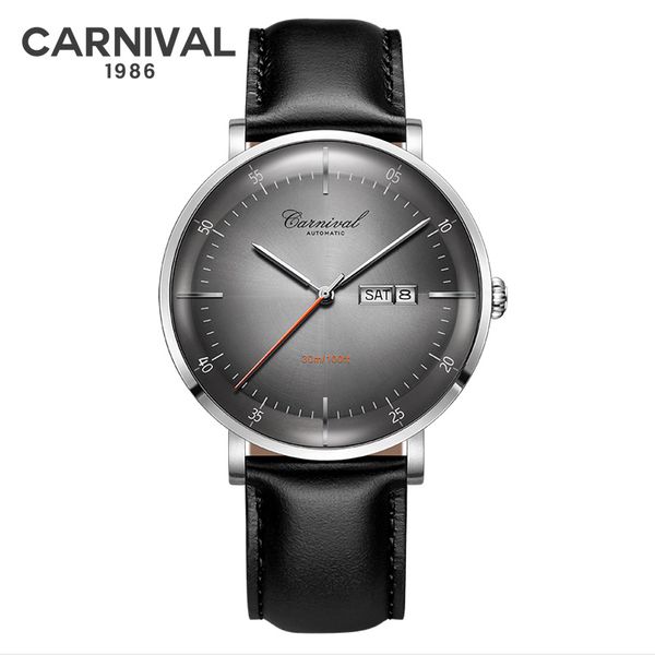 

fashion ultra thin mechanical watch men carnival automatic watch self wind miyota movement leather band calendar week sapphire, Slivery;brown