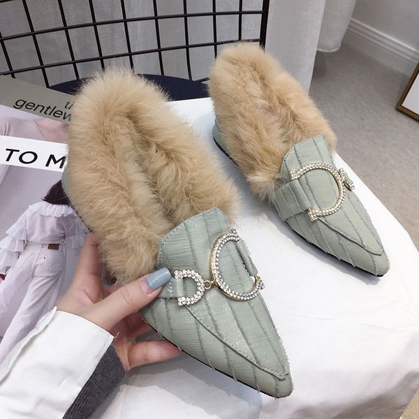 

women's cute plush muller shoes zapatos de mujer fashion pointed toe solid color metal decoration plush shallow muller shoes, Black