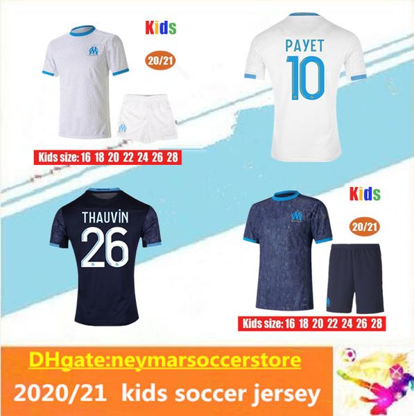 

kids 20 21 olympique de marseille soccer jersey om 2020 2021 maillot de foot payet thauvin benedetto football shirt, Black