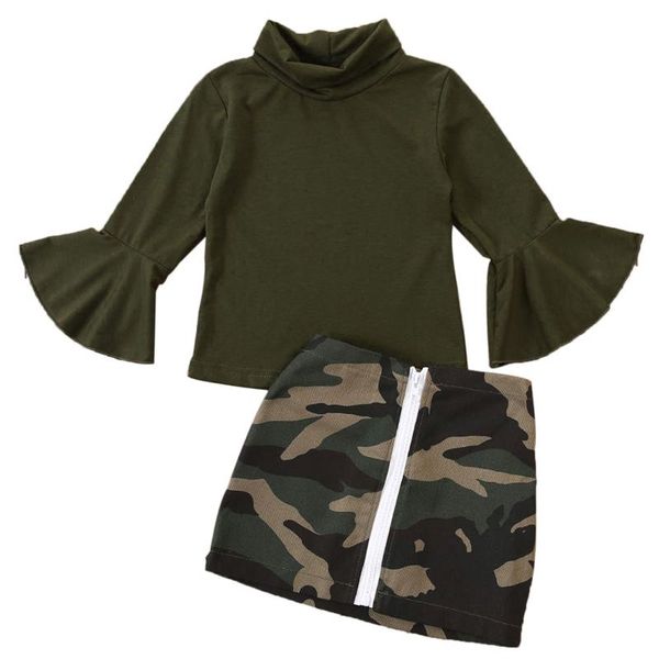 

1-6y fashion kids baby girls clothes sets army green flare long sleeve turtleneck t shirt leopard mini skirts sunsuit, White