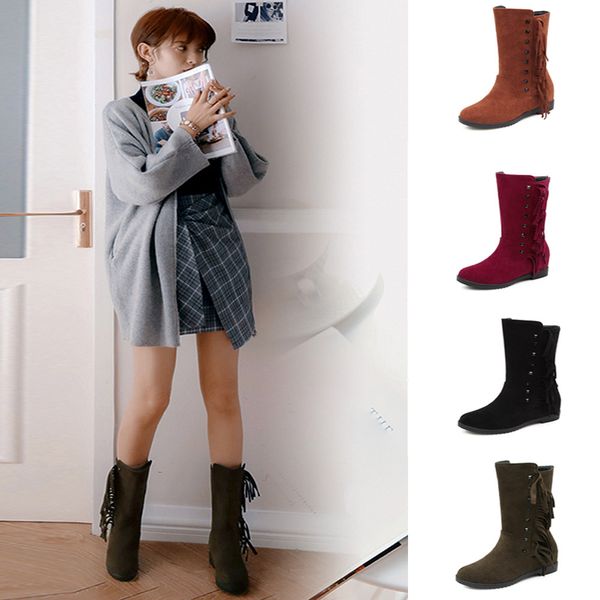 

zapatos de mujer botines mujer 2019 women's fashion tassel increase wimen's shoes round-toe flat middle tube boots women #4, Black