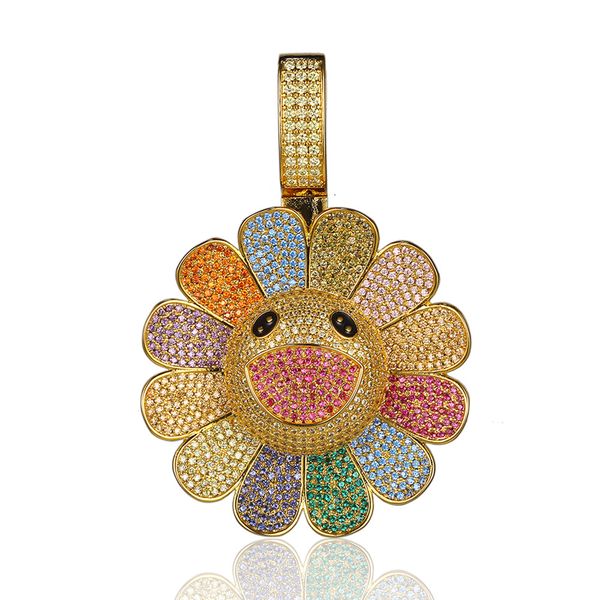 

takashi murakami hip hop rotating 3a zircon sun flower pendant necklace fit chain accessories new fashion jewelry for women party gifts, Silver