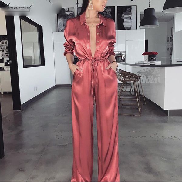 

elegant jumpsuit loose satin bodycon bandage women solid spring 2019 lace lapel deep v neck playsuits ladies streetwear, Black;white
