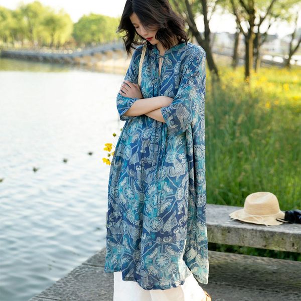 

scuwlinen 2020 women spring summer dress vintage print loose long a-line ramie dress casual beach dresses vestidos s938, Black;gray