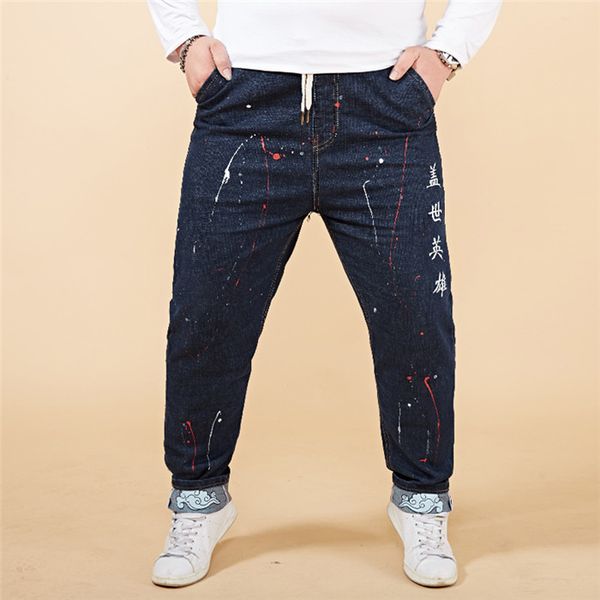 

big size jeans 2019 autumn winter new mens loose straight jeans cotton elastic waist casual denim trousers 6xl 7xl 8xl,098, Blue