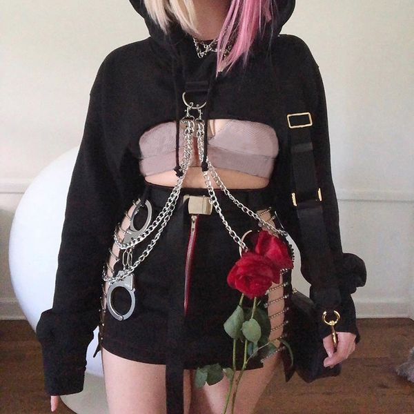 

goth dark hooded crop sweatshirt black women navel with chian fashion streetwear cool chic loose long sleeve hoody clothing
