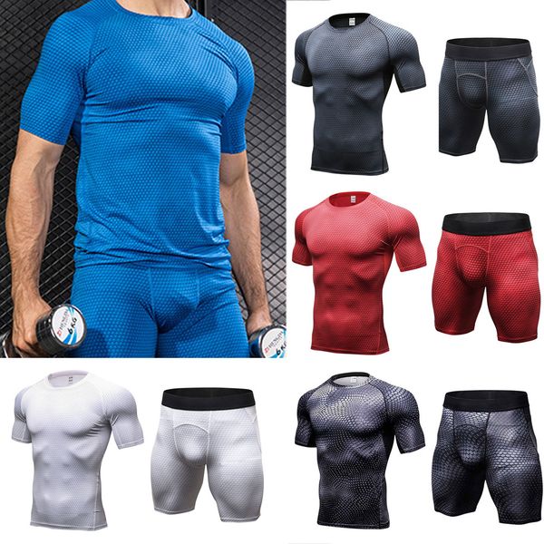 

men's elastic short sleeve sports shorts training fitness sportswear set, Gray