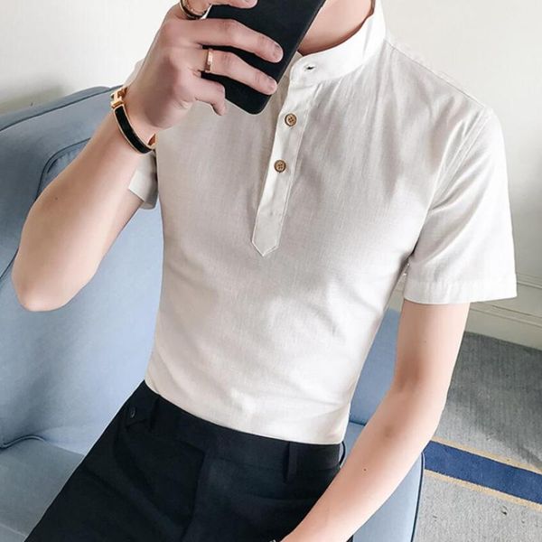 

mens short sleeve shirt 2019 new fashion summer stand collar slim cotton shirts casual retro solid men shirt brand plus size 5xl, White;black