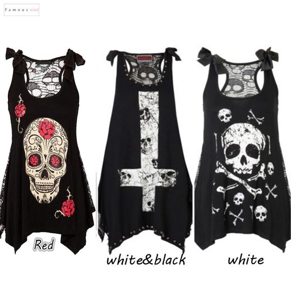 

printed black sleeveless lace hollow out casual female rock skull style punk print women tshirts, White